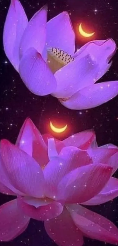 Purple lotus flowers under a starry night sky with crescent moons.