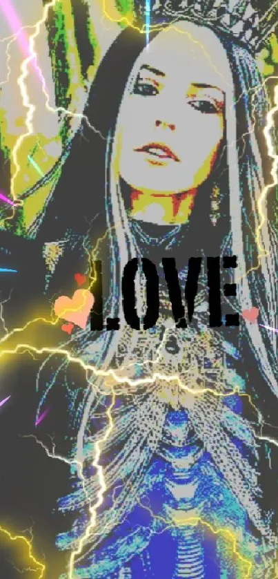 Gothic figure with crown in lightning surrounded by love theme.