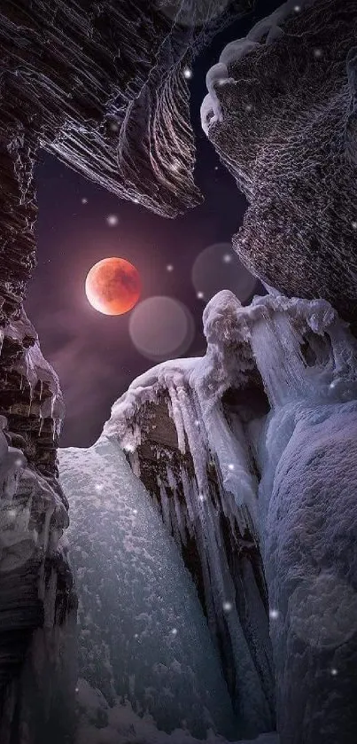 Lunar eclipse illuminating icy caverns at night.