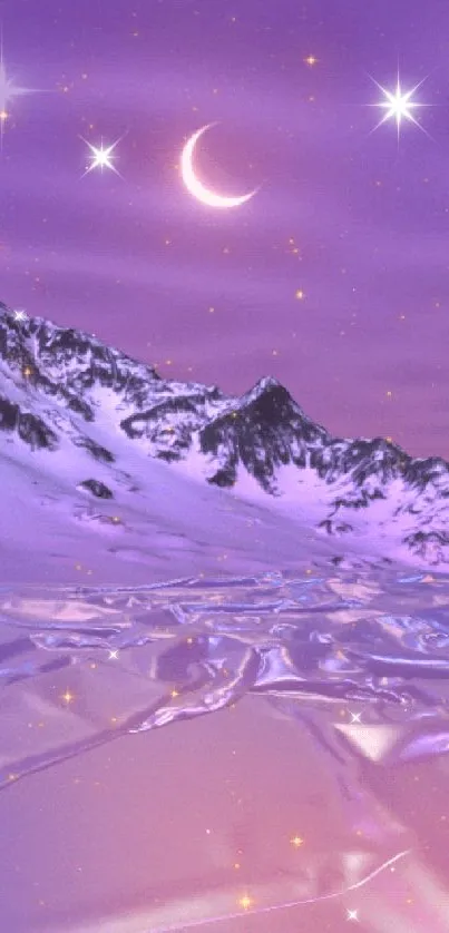 Wallpaper of a mystical purple landscape with moonlit mountains and stars.