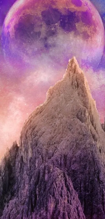 Mystical mountain scene with a purple moon.