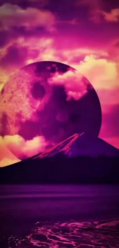 Vivid purple moon over mystical mountain landscape.