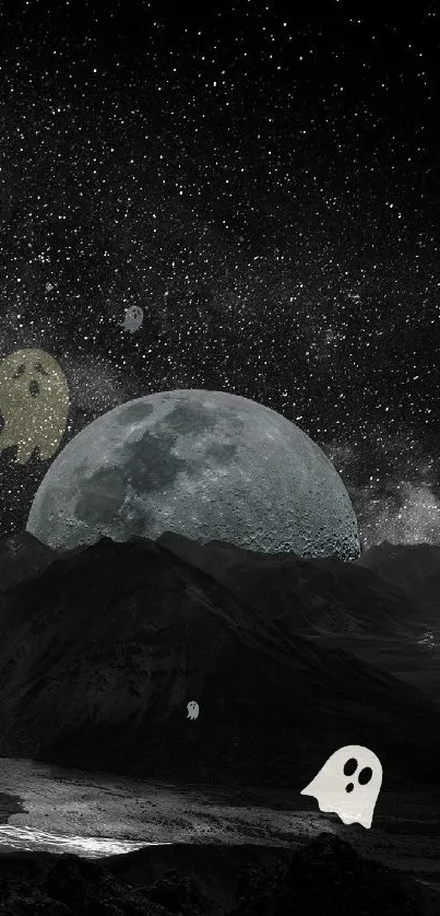 Mystical lunar scene with full moon over dark mountains and starry sky.