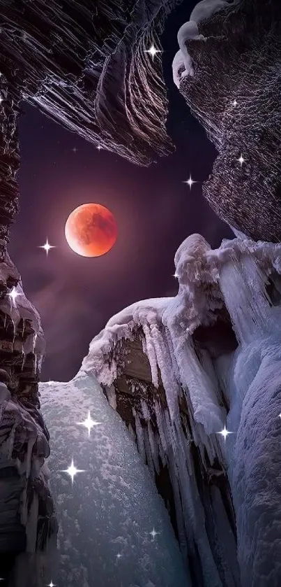 Mystical lunar landscape with ice caves and red full moon.