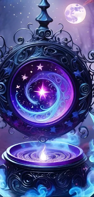 Mystical lunar orb glowing with blue and purple celestial lights.
