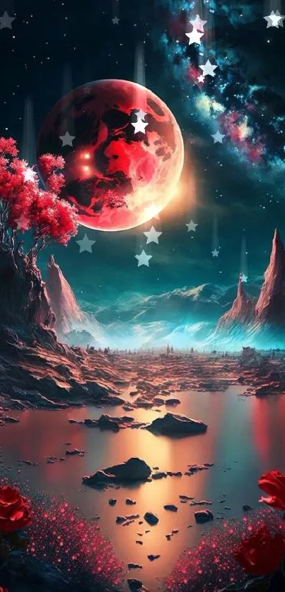 Red moon over serene lake with cosmic night sky wallpaper.