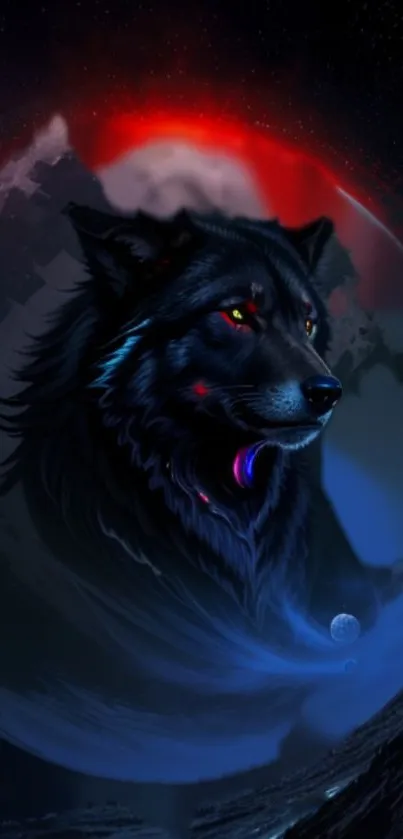 Mystical lunar wolf with cosmic background on phone wallpaper.