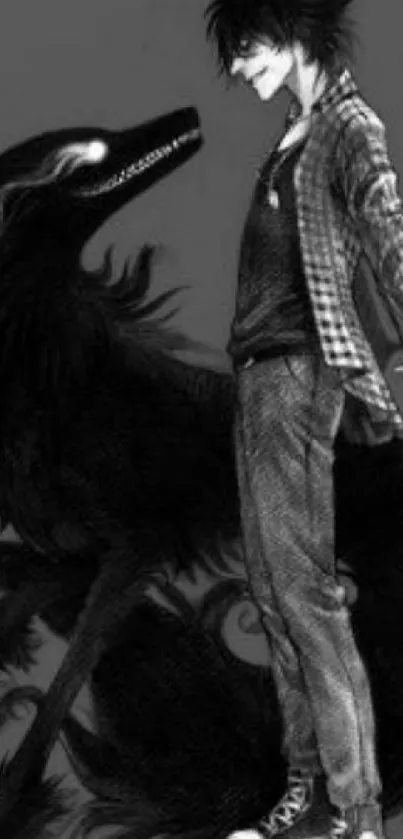 Black and white art of a man with a mythical wolf.