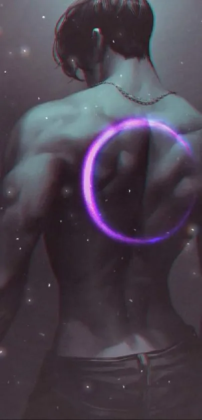 Muscular man with glowing neon circle on back, dark purple tones.