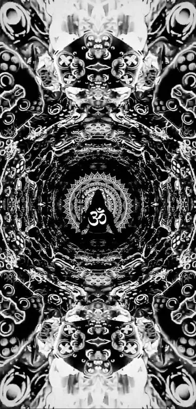 Black and white mandala wallpaper with Om symbol for a spiritual mobile background.