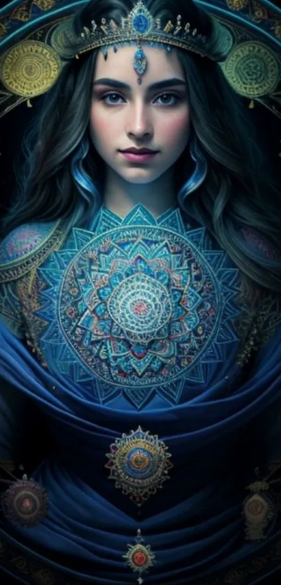 Mystical princess with mandala art in blue hues.