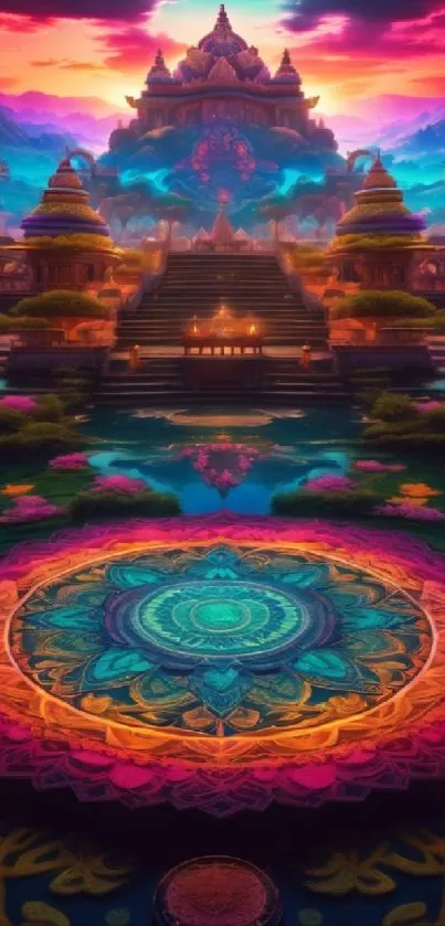 Vibrant mystical mandala wallpaper featuring a serene temple scene.