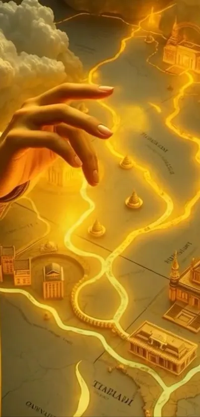 Mystical map with a glowing golden path and detailed hand.