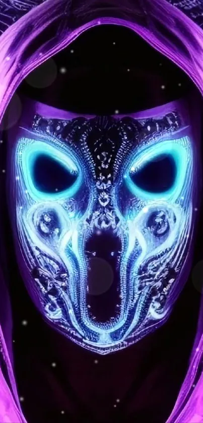 Abstract neon mask with a mystical aura in purple tones.