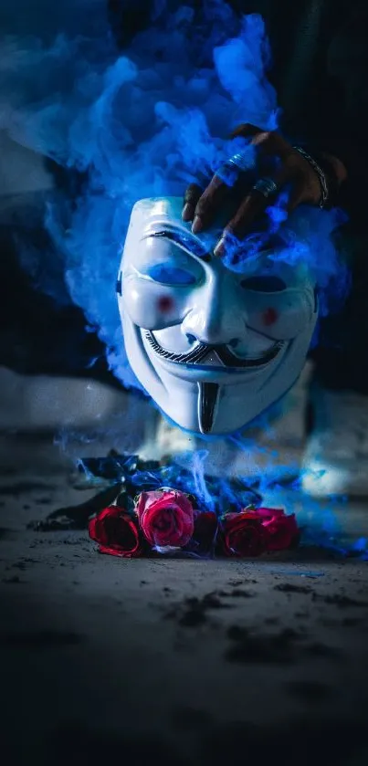 Mystical mask with blue smoke and roses on a dark background.