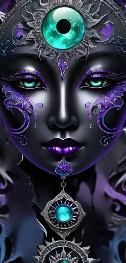 Mystical fantasy mask with vibrant purple and teal colors on a digital wallpaper.