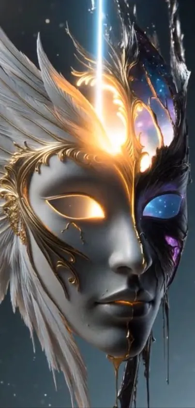 Mystical mask with wings and golden accents in a celestial theme.