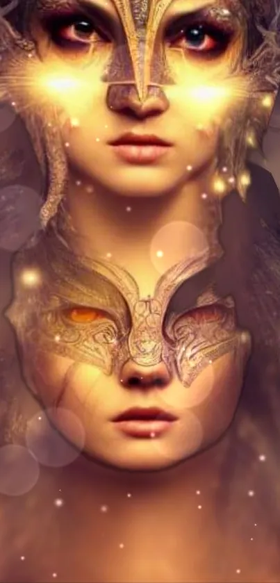 Mystical double exposure art with masks and glowing golden tones.