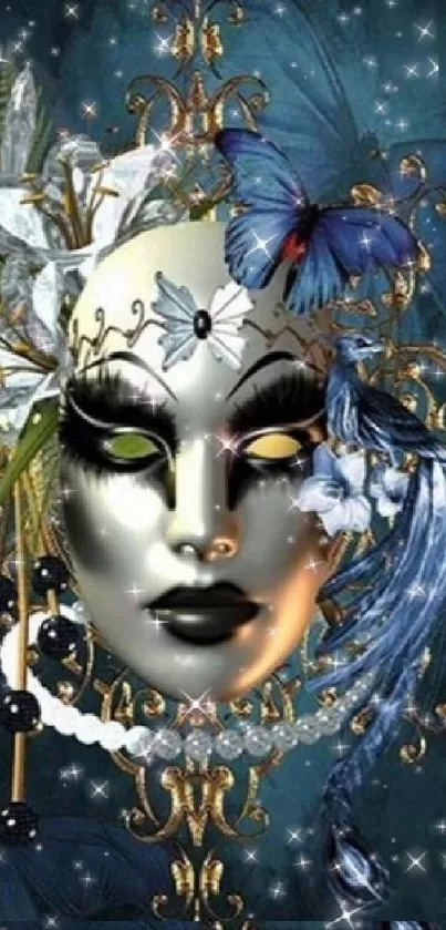 Intricate mystical mask with butterflies and golden details on a fantasy wallpaper.