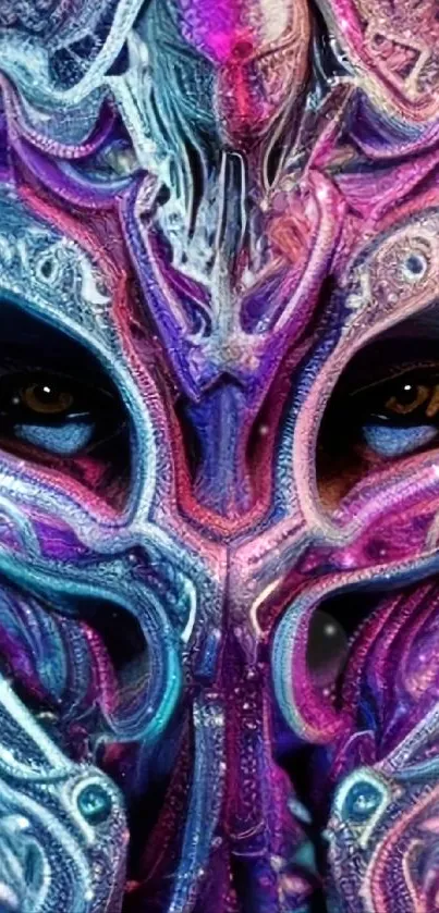 Mystical mask with vibrant colors and intricate design on mobile wallpaper.