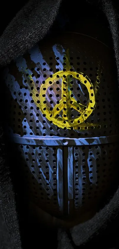 Mysterious mask with yellow peace symbol in dark tones.