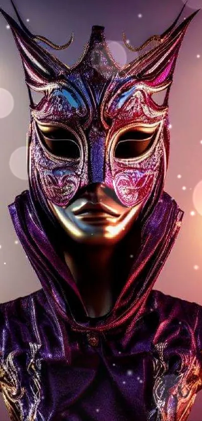 Ornate masked figure with a vibrant and mystical background.