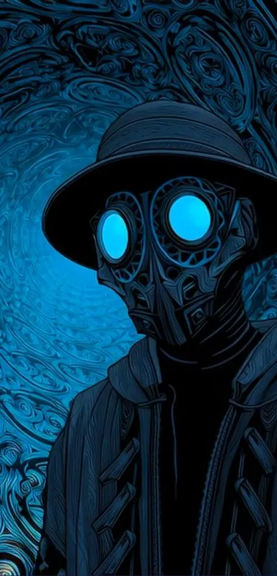 Mystical masked figure with glowing blue eyes in intricate design.