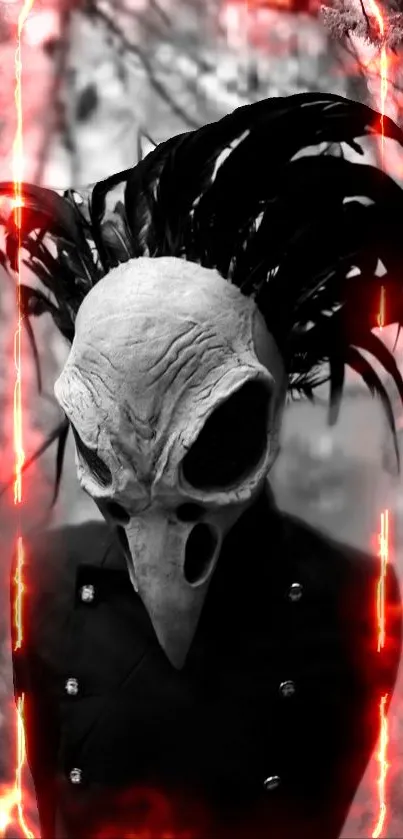 Masked figure with dark feathers and orange flames in black and white.