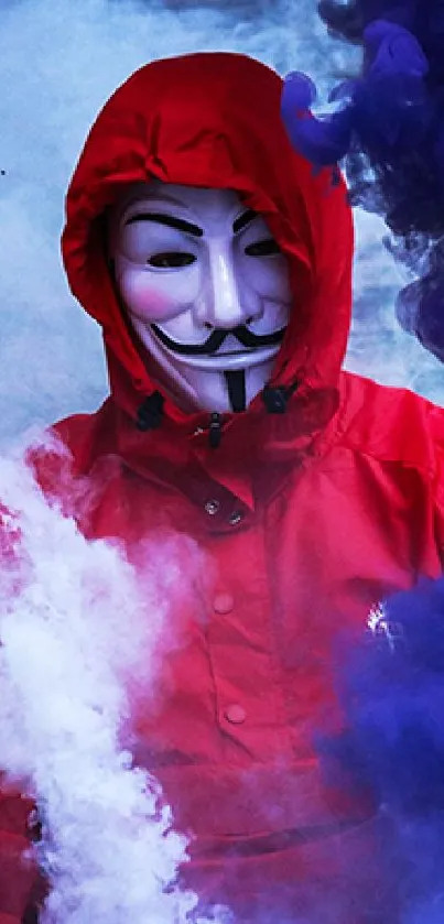 Masked figure in red jacket surrounded by vibrant smoke.