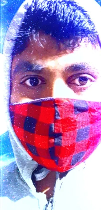 Person in a red checkered mask and white hoodie against a starry blue background.