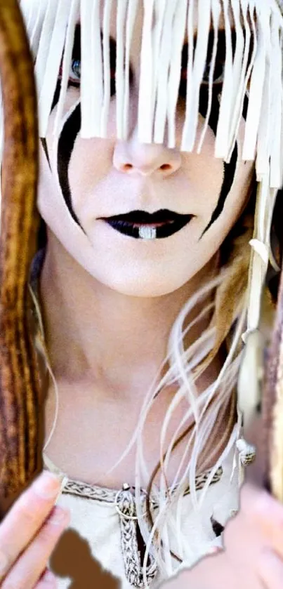 Mystical masked portrait with fringe details.