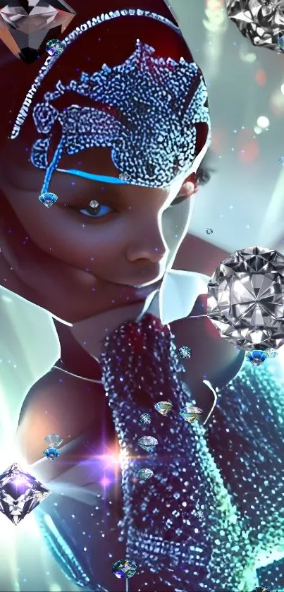 Mystical masked warrior in vibrant, sparkling mobile wallpaper.