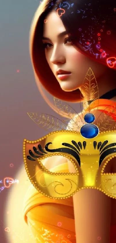 Mystical woman with red hair and a golden mask on vibrant background.