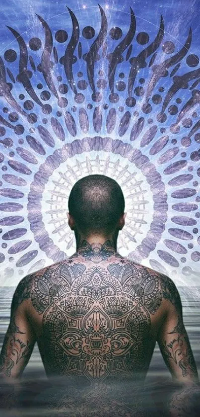 Mystical back tattoo in cosmic meditation scene.