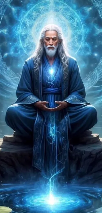 Mystical figure meditating with blue energy aura, perfect mobile wallpaper.