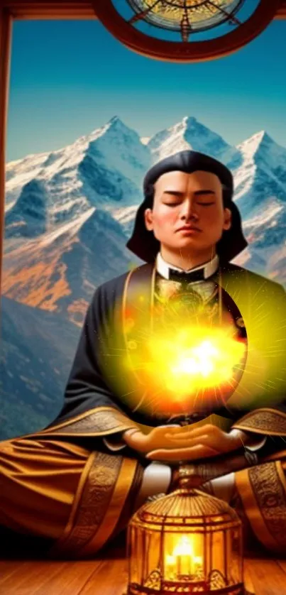 Meditator with glowing energy and mountain background.