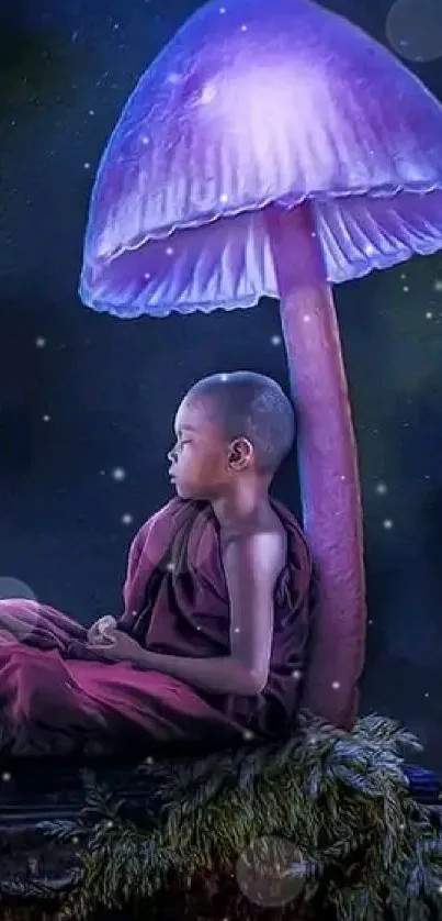 Serene monk meditating under glowing purple mushrooms.