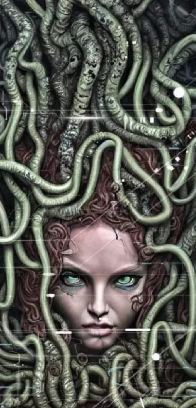 Medusa-inspired art with snakes and mystical elements for mobile wallpaper.