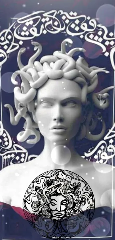 Mystical Medusa art with intricate details on dark blue background.