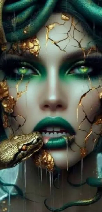 Mystical Medusa art with emerald tones and snake details.