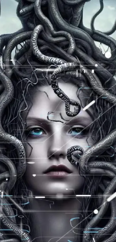 Fantasy Medusa mobile wallpaper with serpentine hair and captivating blue eyes.