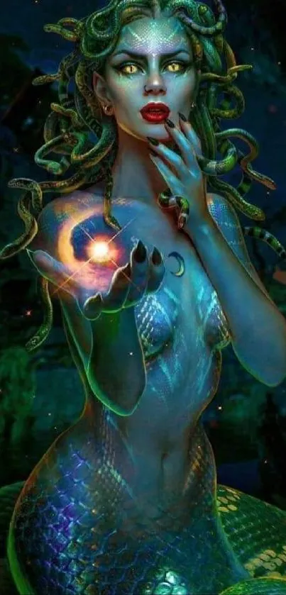 Mystical Medusa with glowing colors, perfect for mobile wallpaper.