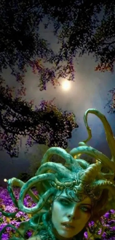 Mystical Medusa with moonlit background and purple flowers.