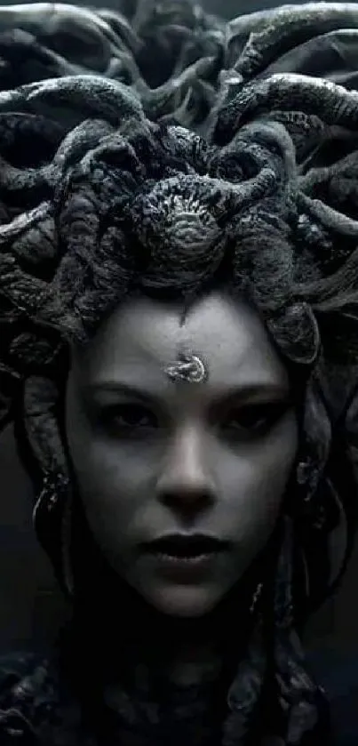 Eerie Medusa wallpaper with snake hair and dark background.