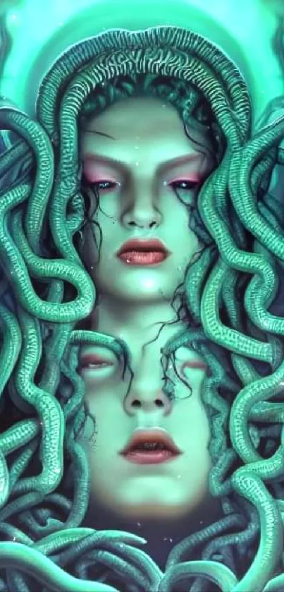 Intricate Medusa design with teal background and serpentine details for phone wallpaper.