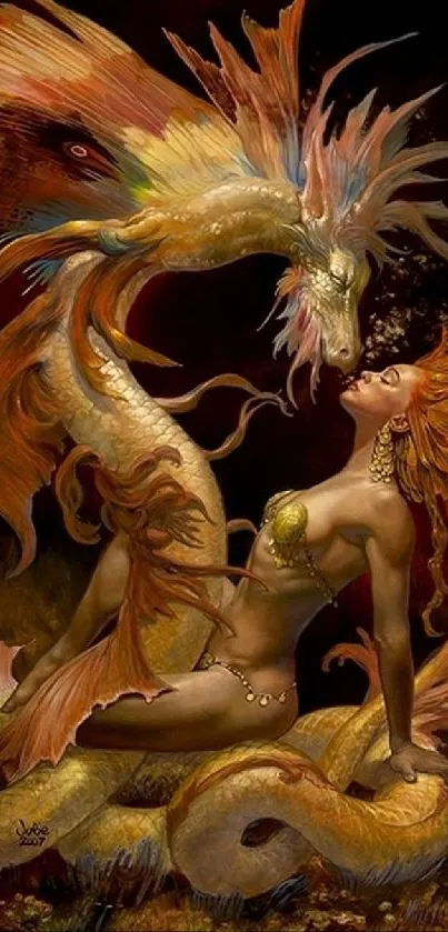 Mystical mermaid embracing a majestic dragon in vibrant fantasy art.