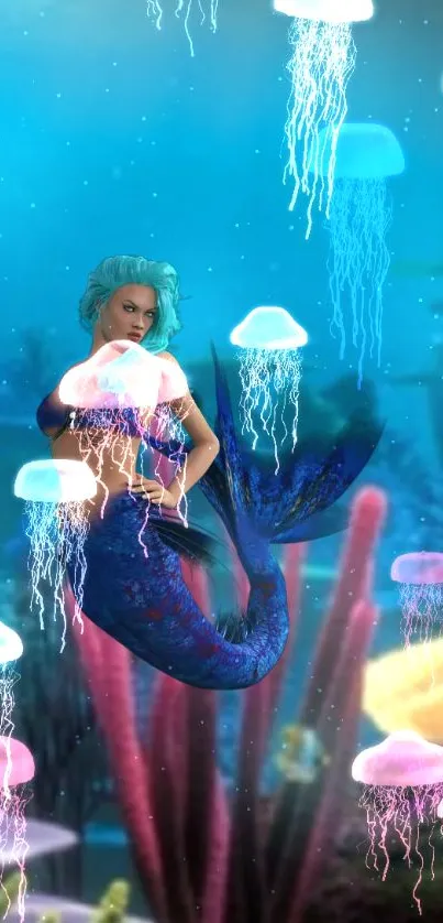 Mermaid surrounded by glowing jellyfish in a vibrant underwater scene.