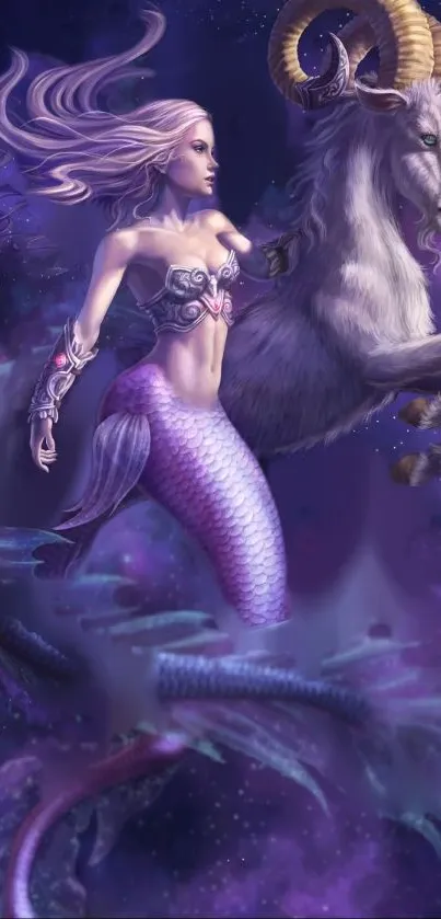 Fantasy wallpaper featuring a mermaid and unicorn in a purple space setting.