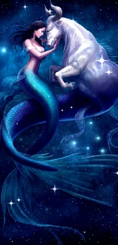 Mermaid and unicorn in a cosmic, starry scene.