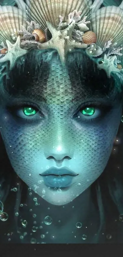 Mystical mermaid with glowing eyes in underwater fantasy art.